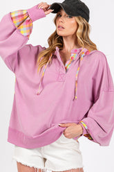 Mineral Wash Lilac Plaid Print Washed Hoodie Sage + Fig Lilac S